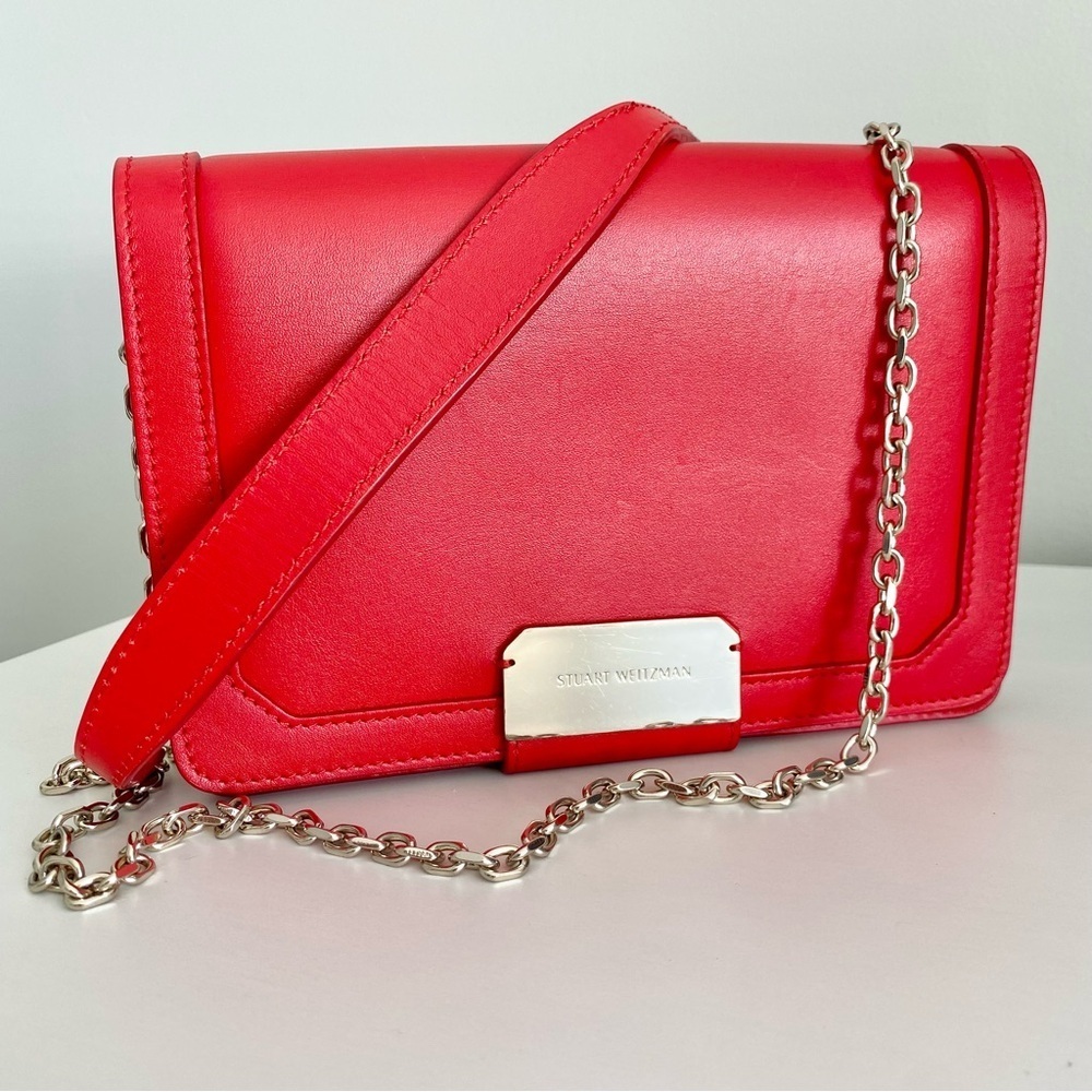 Stuart Weitzman Nib Red Leather Chain Crossbody